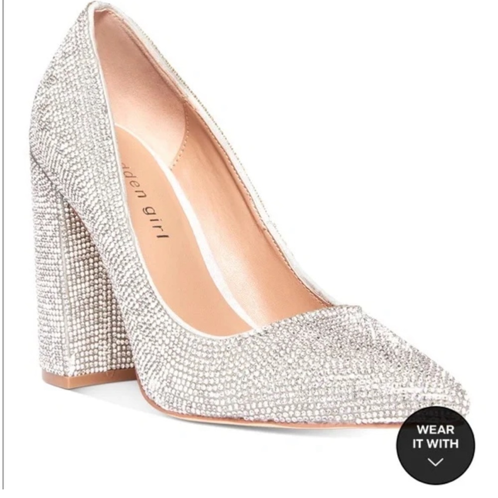Madden Girl Women’s Silver Rhinestone Block Heel Pumps Size 6